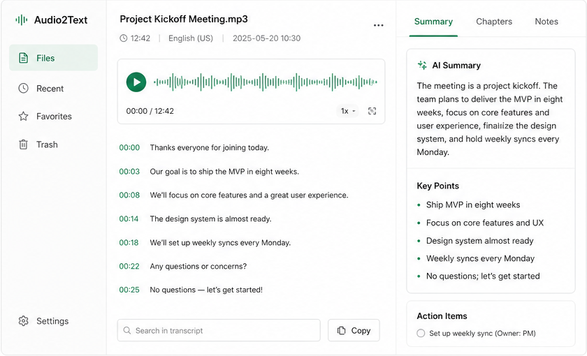 Audio2Text transcription workspace preview